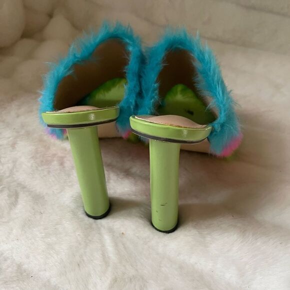 Green with multi color furry slip on heels sandals square toe EUR size 42 - Picture 2 of 9